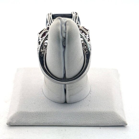 Estate Sterling Silver 925 Filigree Ring Size 6 Large Black Stone & Red Accents - Picture 3 of 8